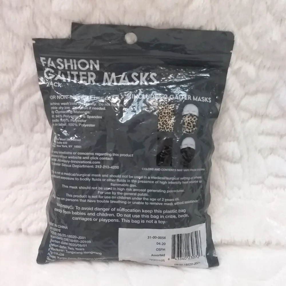 Leopard Print and Solid Black Gaiter Face Mask Two Pack Adult Size New Sealed